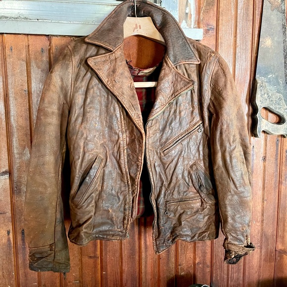 âSOLDâ Antique Biker Jacket 40s 50s Distressed - Picture 3 of 14
